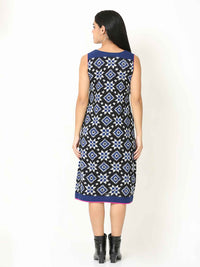 'Rhea' Handwoven Double Ikat Pure Cotton Dress (Blue)