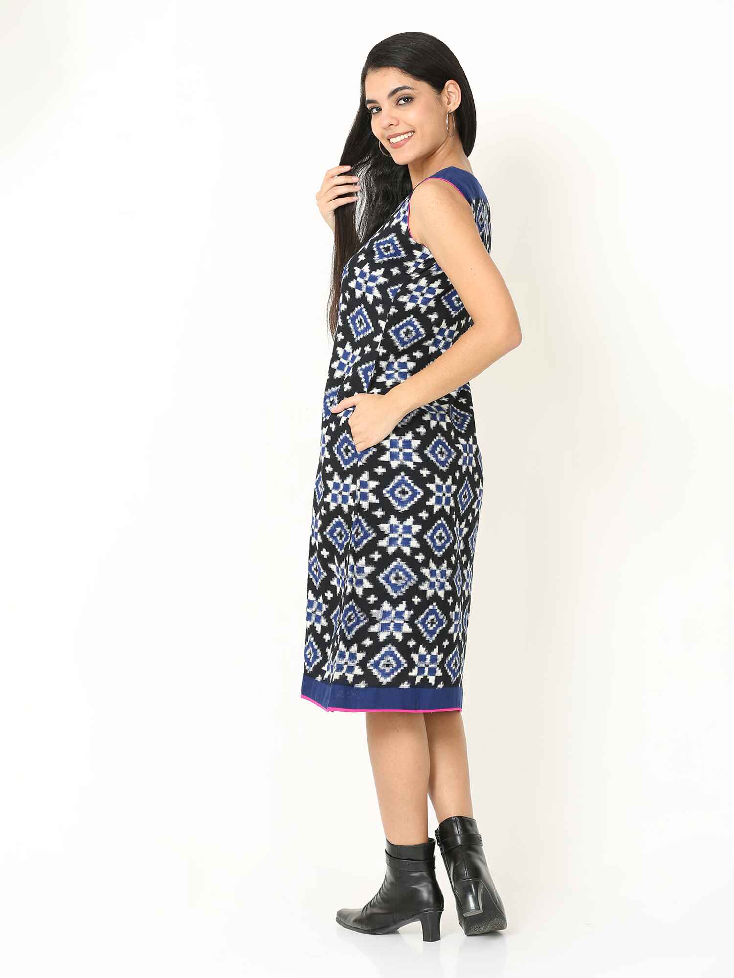 'Rhea' Handwoven Double Ikat Pure Cotton Dress (Blue)