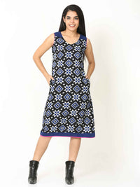 'Rhea' Handwoven Double Ikat Pure Cotton Dress (Blue)