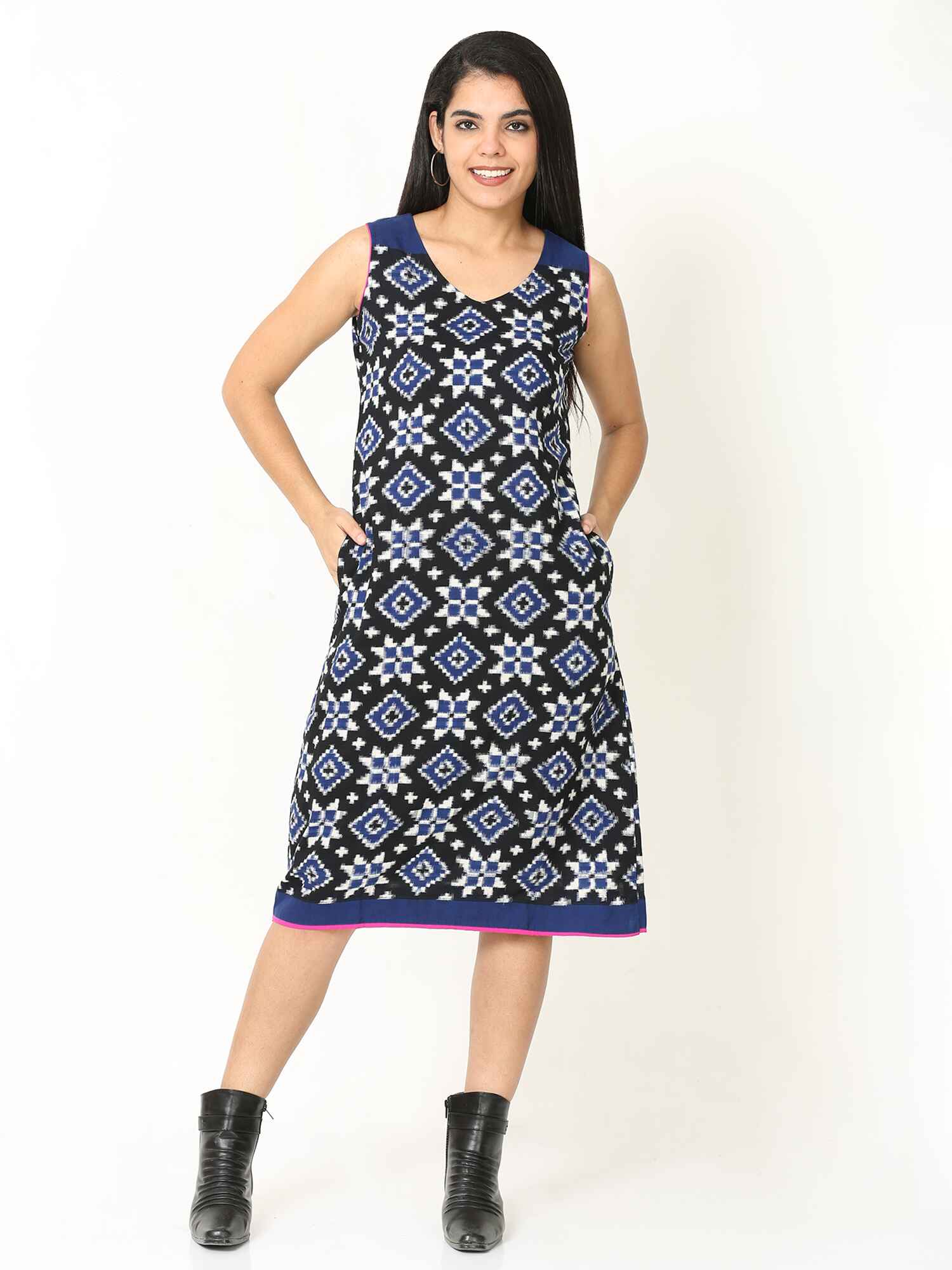 'Rhea' Handwoven Double Ikat Pure Cotton Dress (Blue)