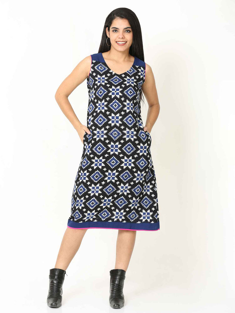 'Rhea' Handwoven Double Ikat Pure Cotton Dress (Blue)