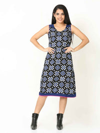 'Rhea' Handwoven Double Ikat Pure Cotton Dress (Blue)