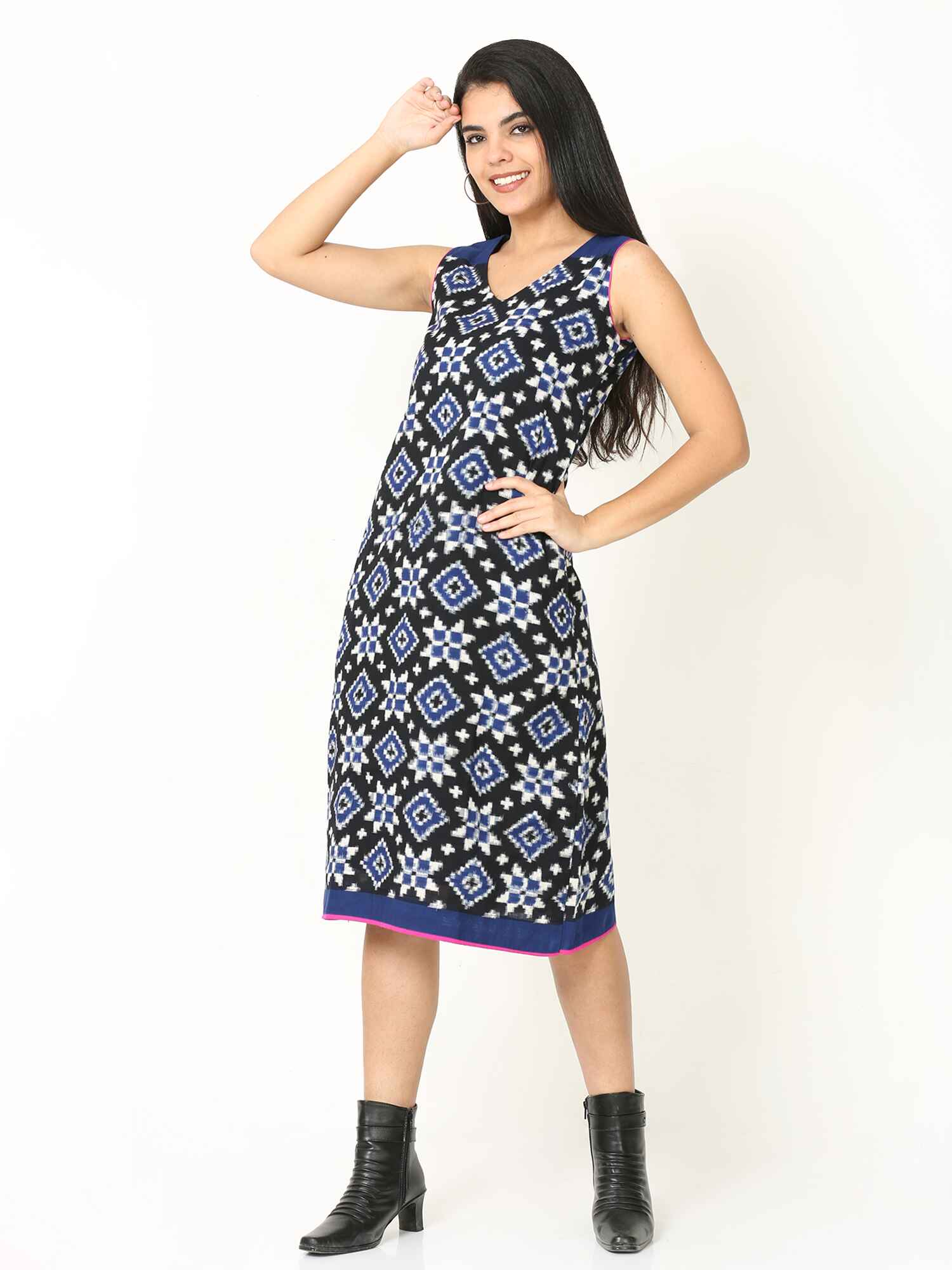 'Rhea' Handwoven Double Ikat Pure Cotton Dress (Blue)