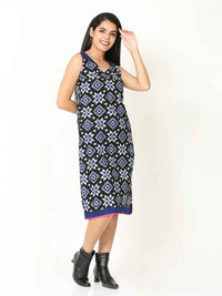 'Rhea' Handwoven Double Ikat Pure Cotton Dress (Blue)