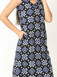 'Rhea' Handwoven Double Ikat Pure Cotton Dress (Blue)