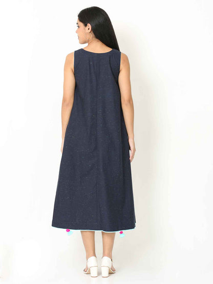 'Myra' Handloom Cotton Dress with Shibori Scarf (Blue)