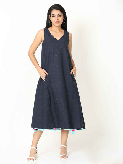 'Myra' Handloom Cotton Dress with Shibori Scarf (Blue)