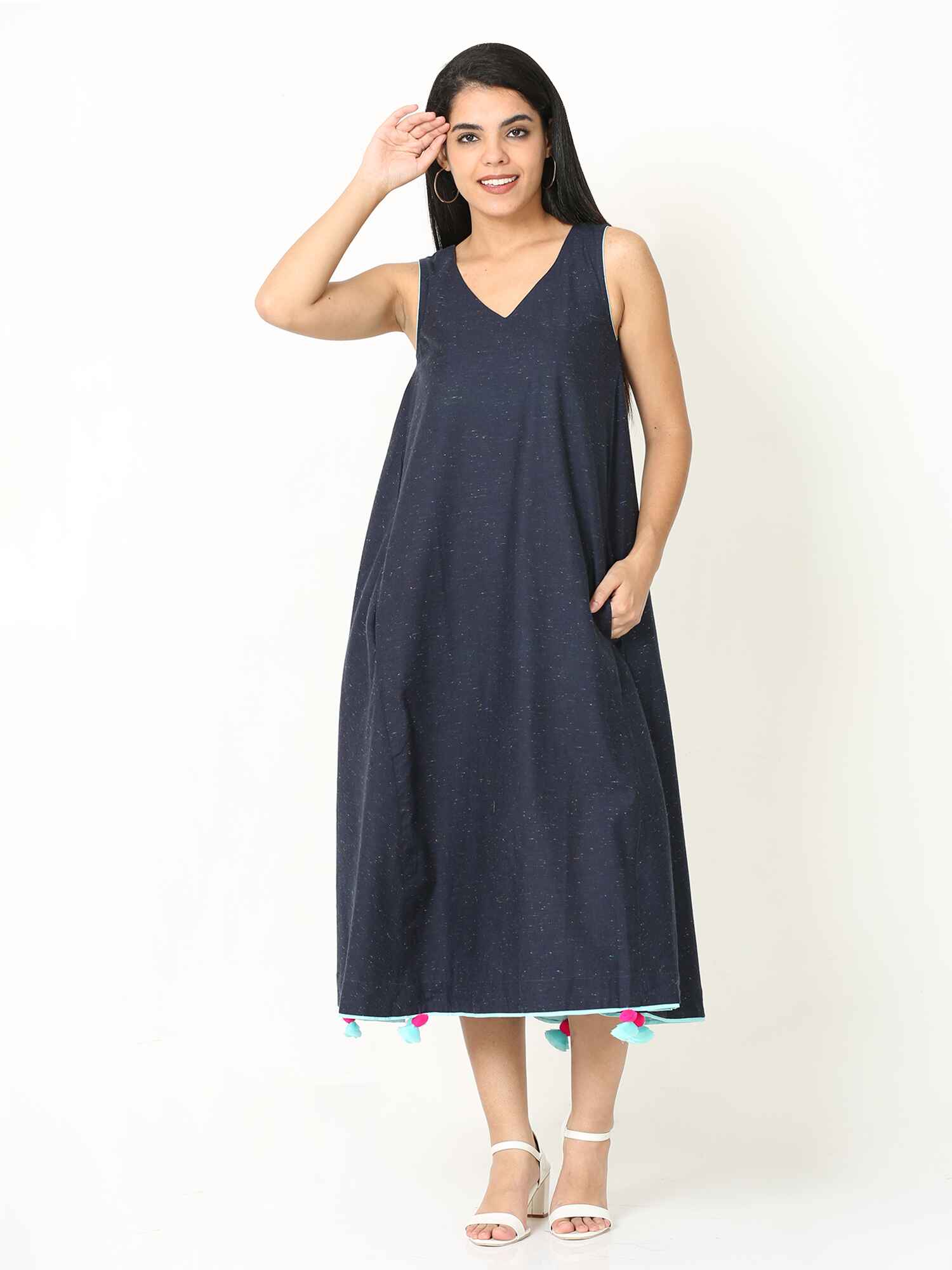 'Myra' Handloom Cotton Dress with Shibori Scarf (Blue)