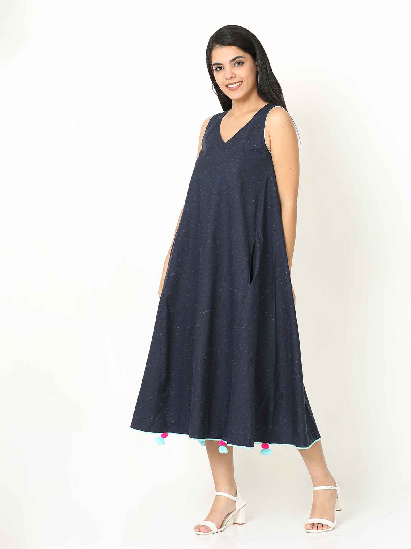 'Myra' Handloom Cotton Dress with Shibori Scarf (Blue)