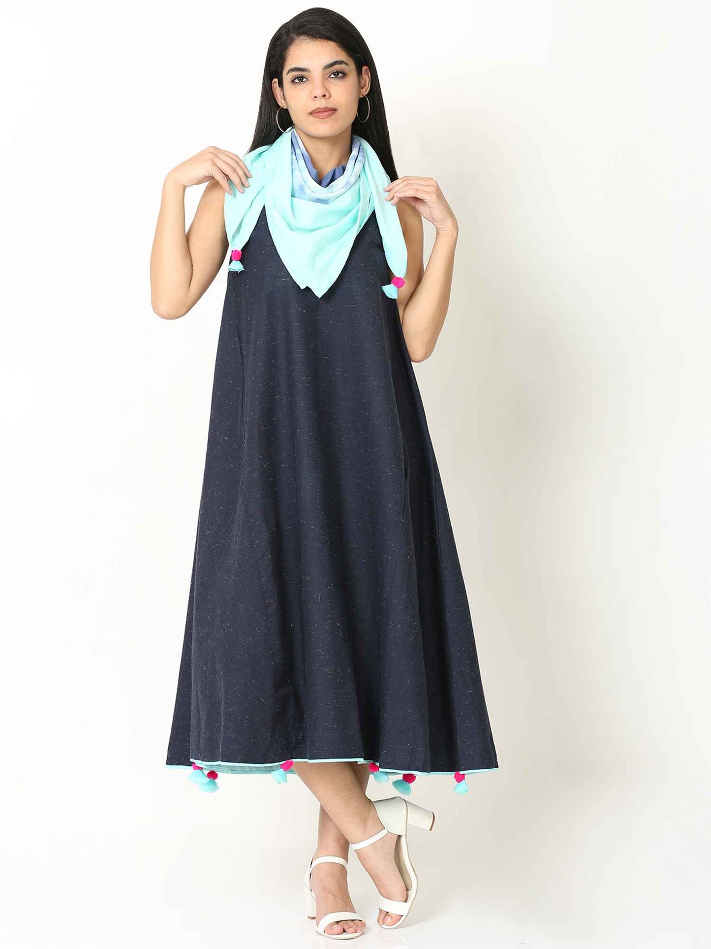 'Myra' Handloom Cotton Dress with Shibori Scarf (Blue)