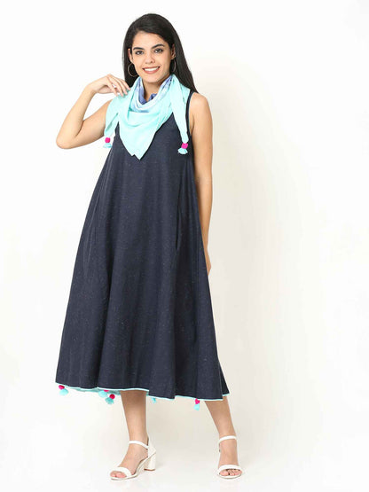 'Myra' Handloom Cotton Dress with Shibori Scarf (Blue)