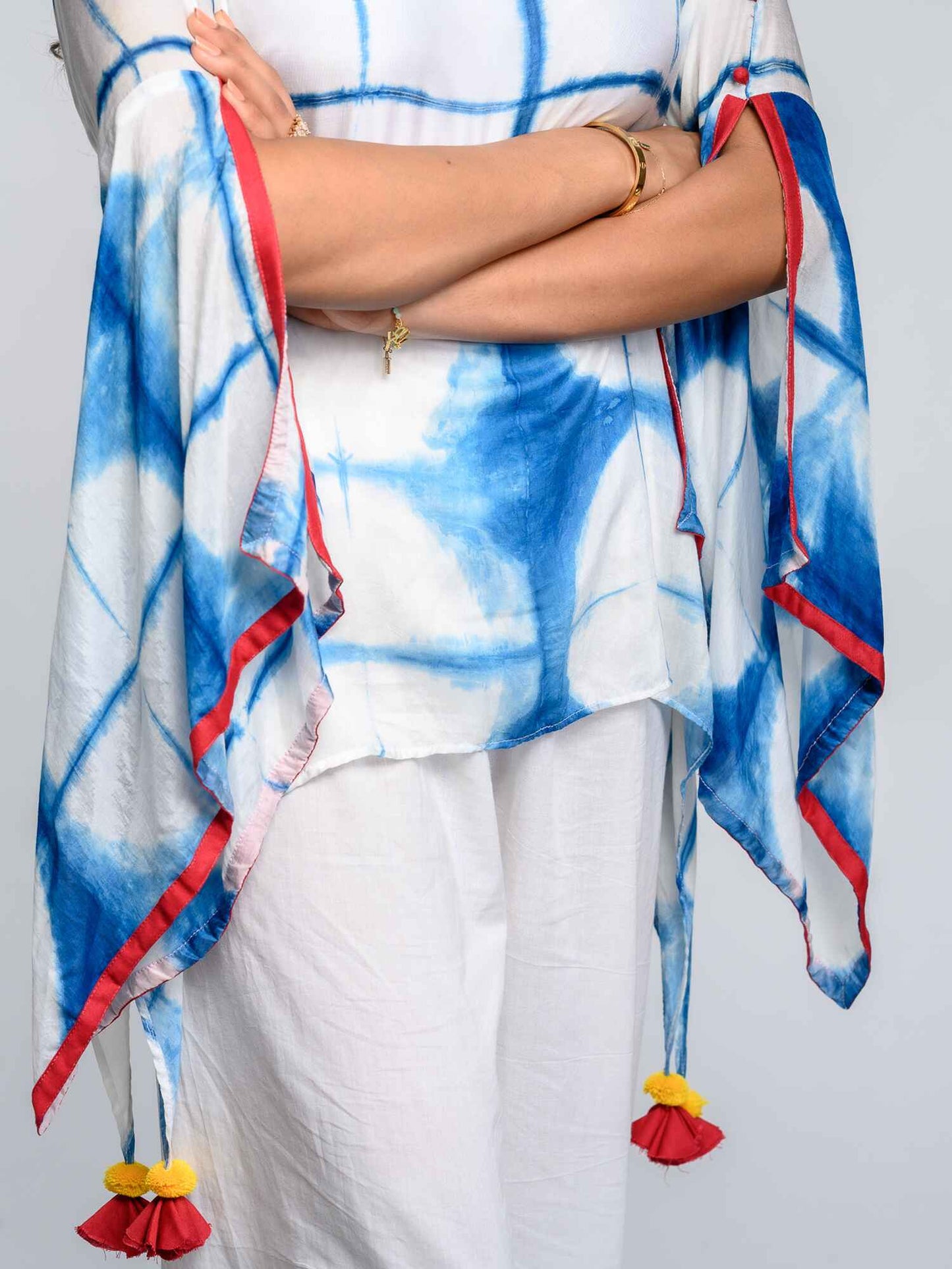 'Ria' Hand-dyed Shibori Vegan Silk Top with Butterly Sleeves