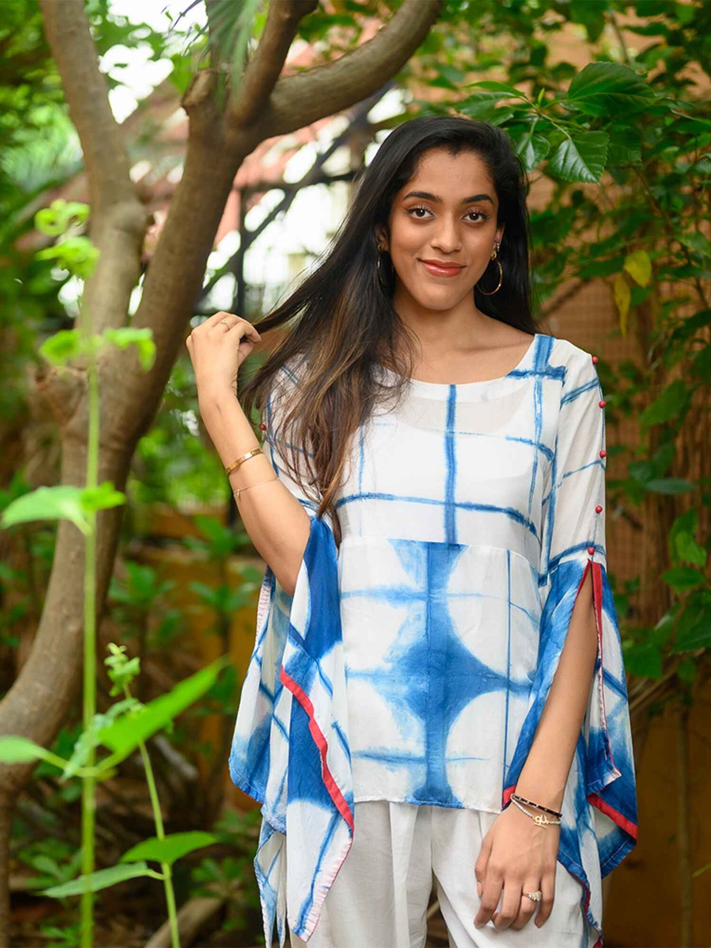 'Ria' Hand-dyed Shibori Vegan Silk Top with Butterly Sleeves