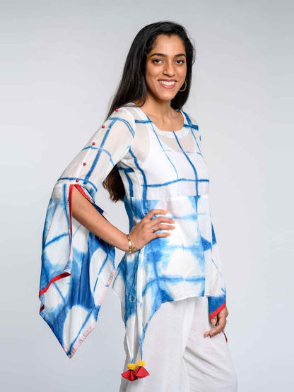 'Ria' Hand-dyed Shibori Vegan Silk Top with Butterly Sleeves