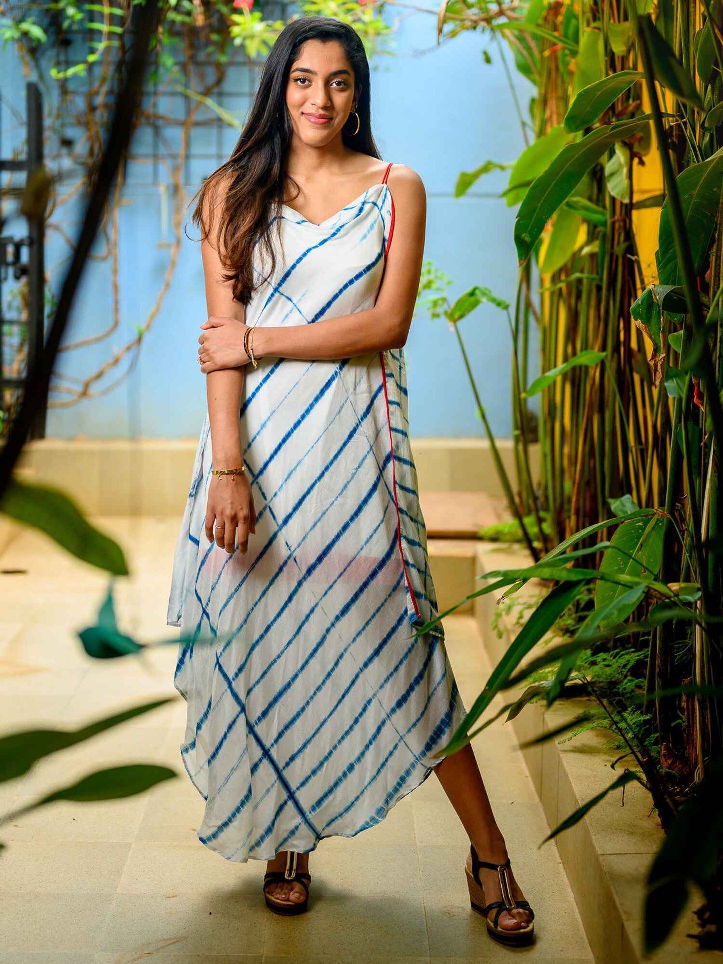 'Mila' Cowl Neck Hand-dyed Shibori Vegan Silk Dress