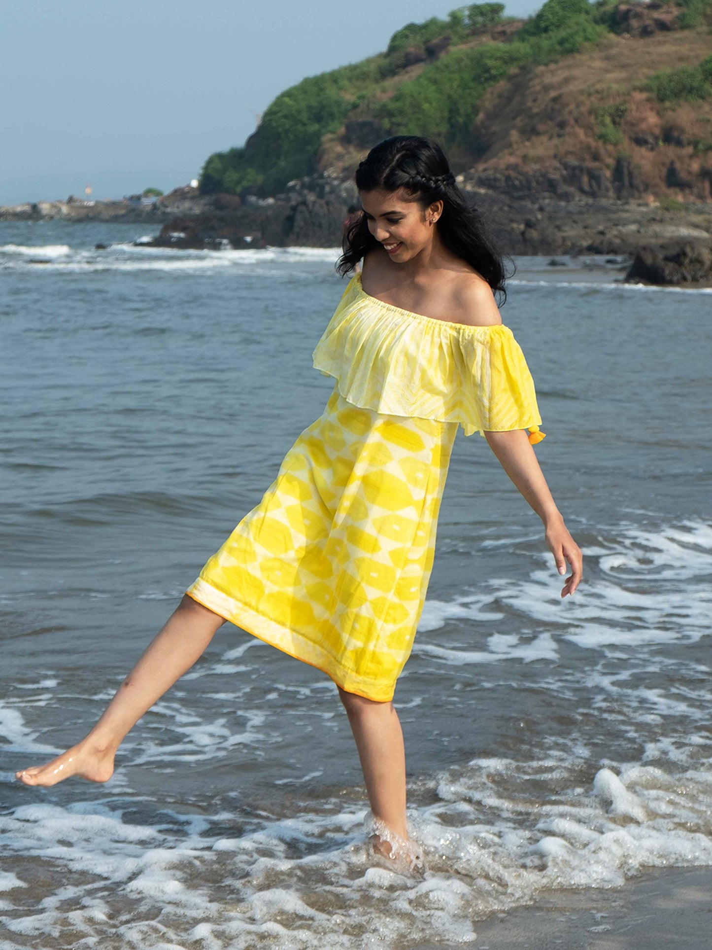 'Tuscany' Hand-dyed Shibori Vegan Silk Off-shoulder Dress
