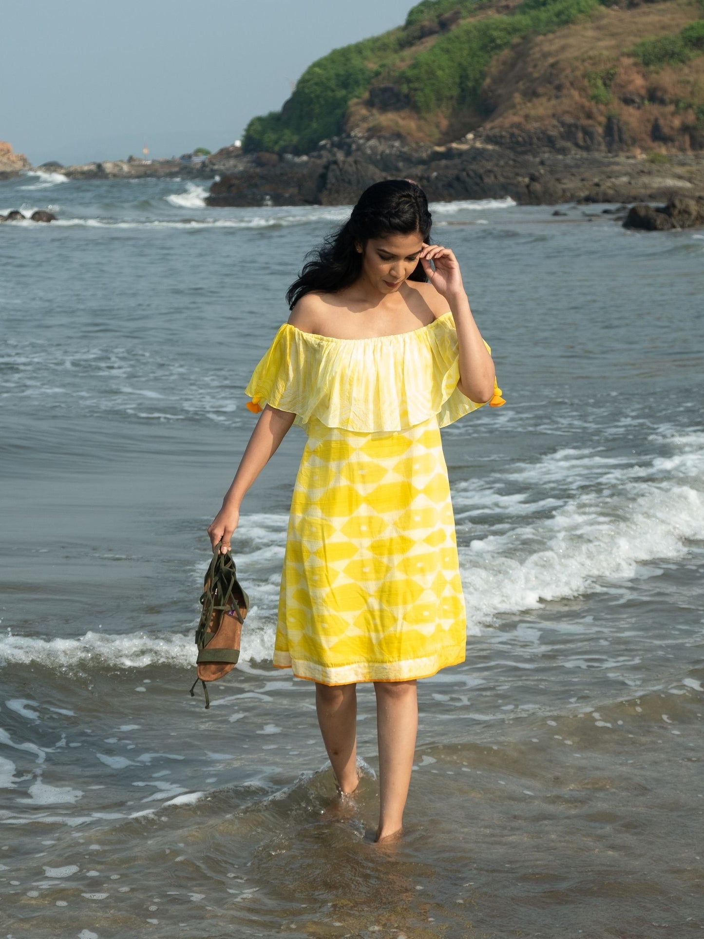 'Tuscany' Hand-dyed Shibori Vegan Silk Off-shoulder Dress
