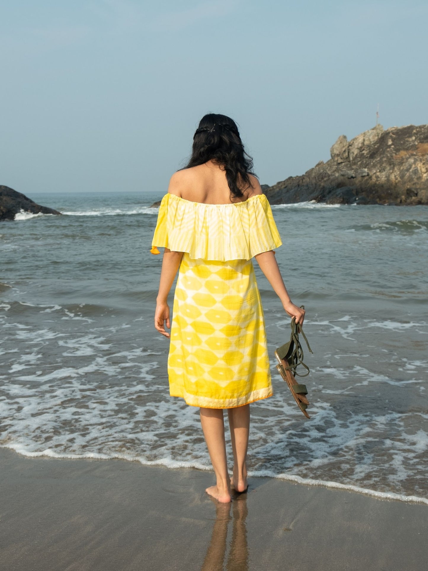 'Tuscany' Hand-dyed Shibori Vegan Silk Off-shoulder Dress