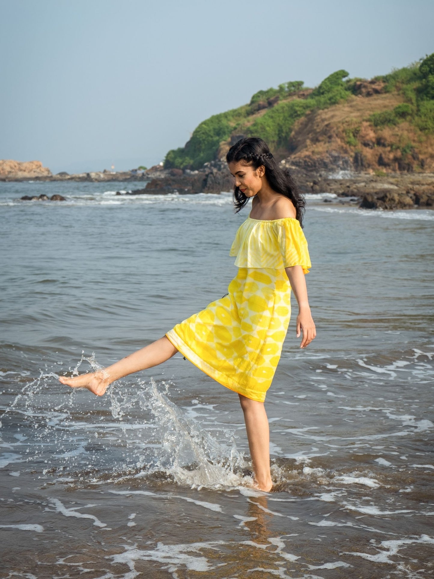 'Tuscany' Hand-dyed Shibori Vegan Silk Off-shoulder Dress