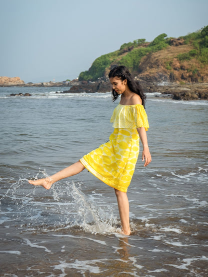 'Tuscany' Hand-dyed Shibori Vegan Silk Off-shoulder Dress